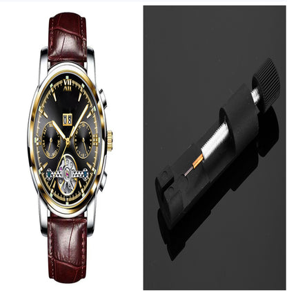 Luxury watch with brown leather strap and visible mechanical components on a black background