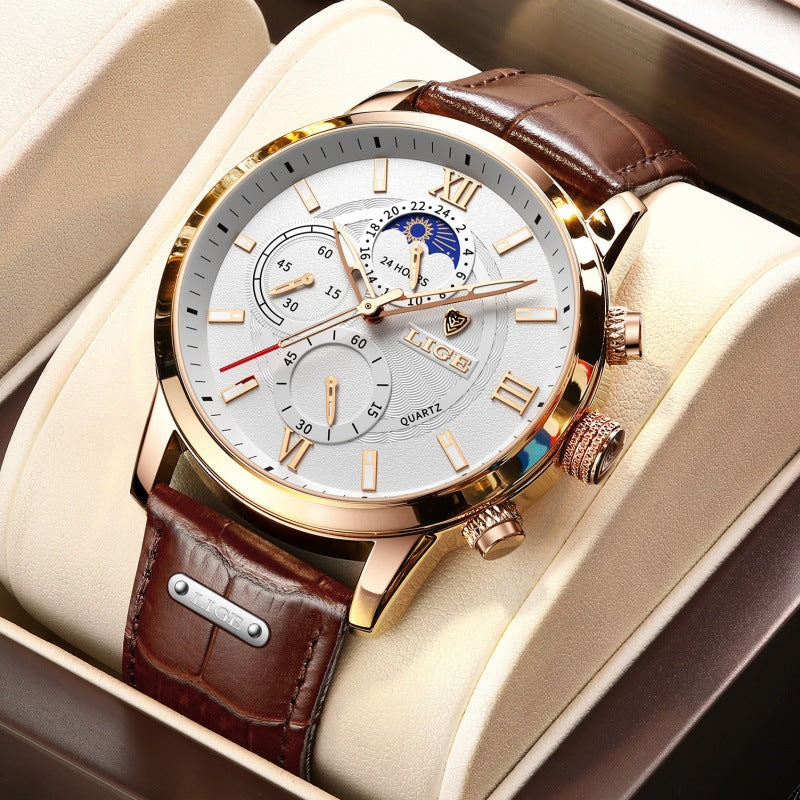 Rose gold chronograph quartz watch with white dial and brown leather strap