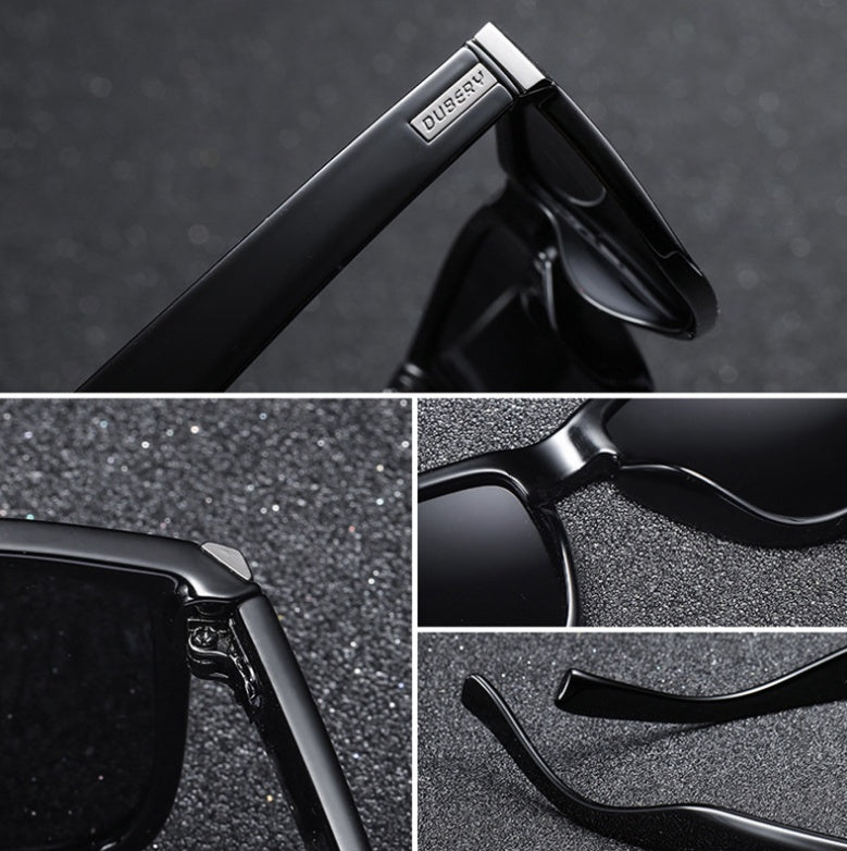 Black men’s sunglasses close-up with logo temple and tinted lenses