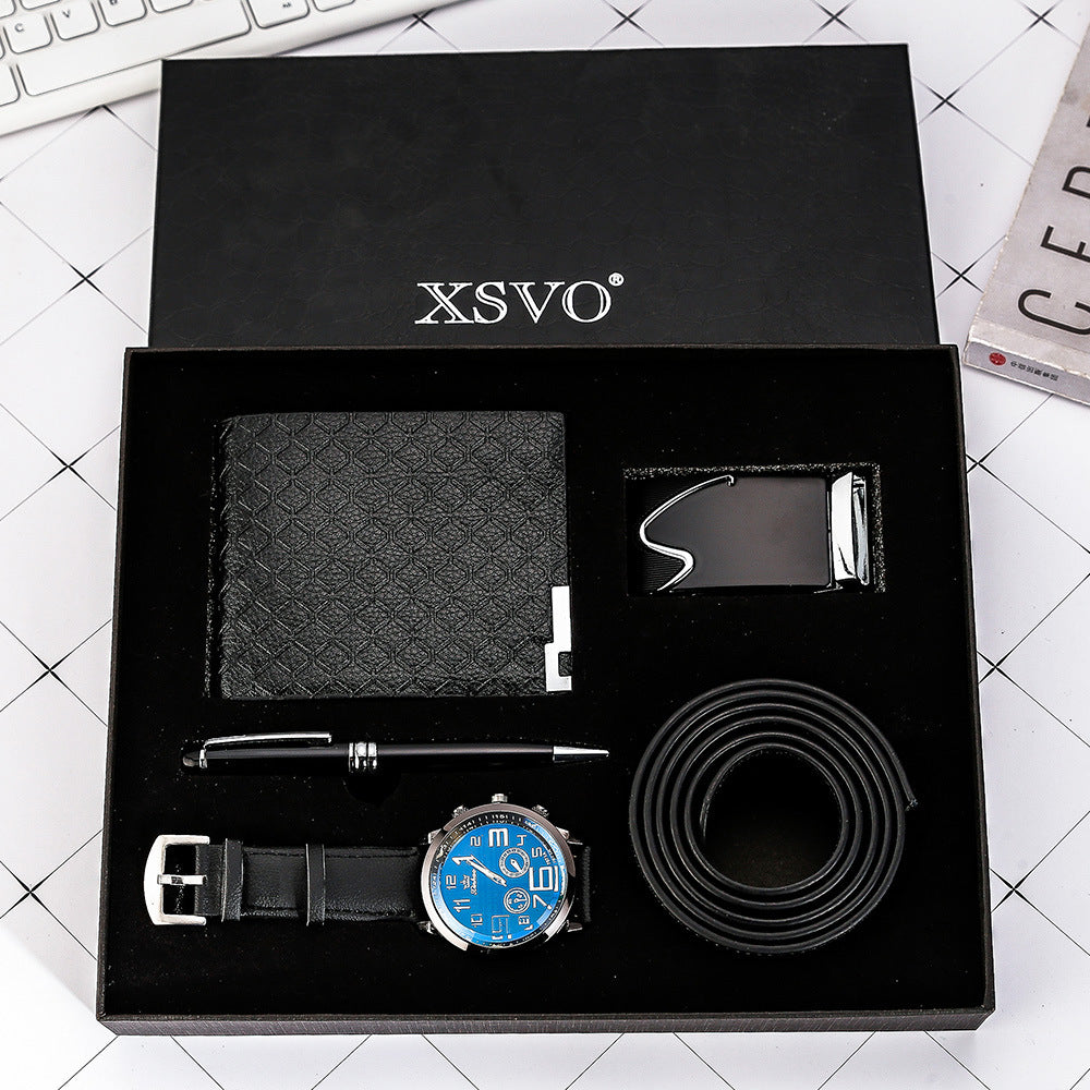 Black leather wallet, belt, quartz watch, and pen in a gift set box