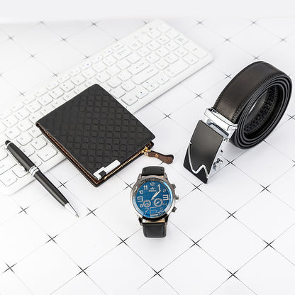 Black gift set items: wallet, belt, quartz watch, and pen