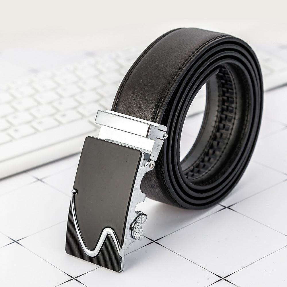 Black leather belt with brushed metal buckle and stitched edge