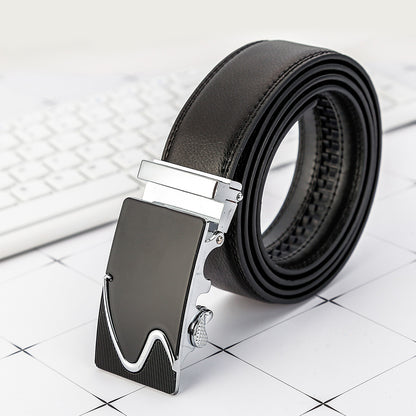 Black leather belt with brushed metal buckle and stitched edge
