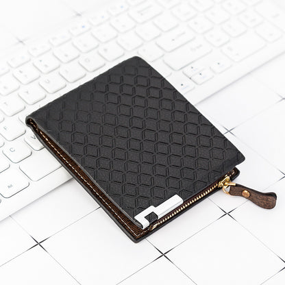 Black textured leather wallet with gold-tone zipper and wrist strap