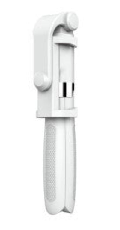 White selfie stick with remote control on a white background