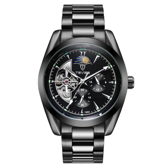 Black men's mechanical watch with black open-heart dial and matching link bracelet