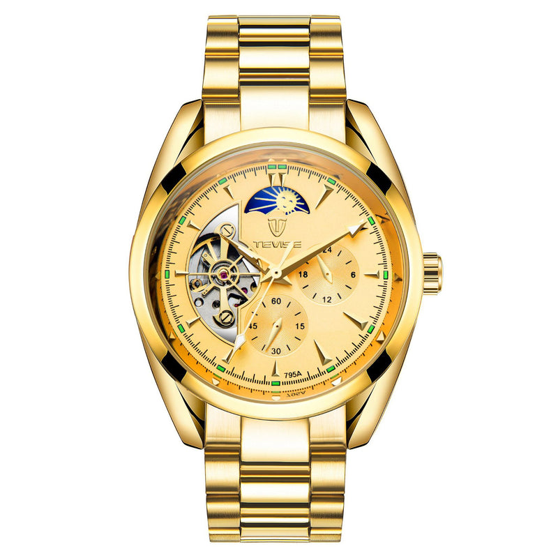 Gold-tone men's mechanical watch with matching dial, open-heart detail and link bracelet