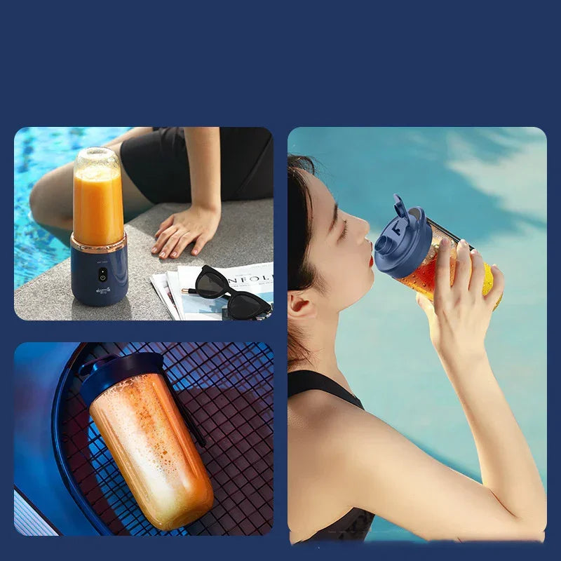 Portable blender bottle with dark blue base and clear cup for smoothies