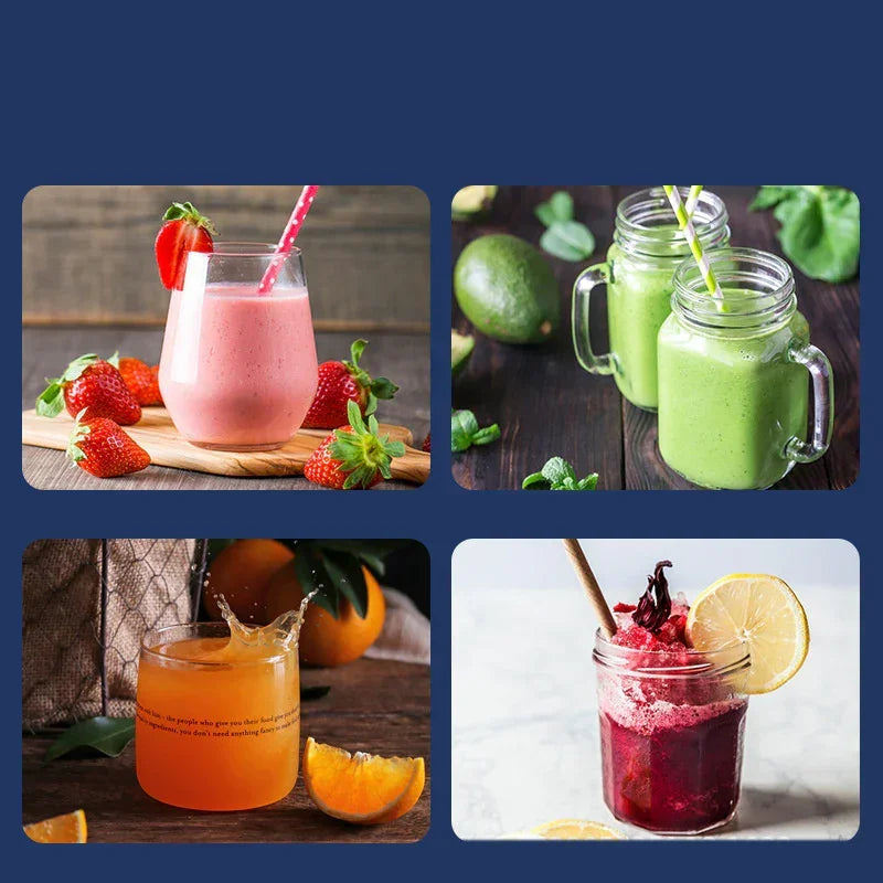 Blended smoothie drinks in glass jars with colored fruit garnishes