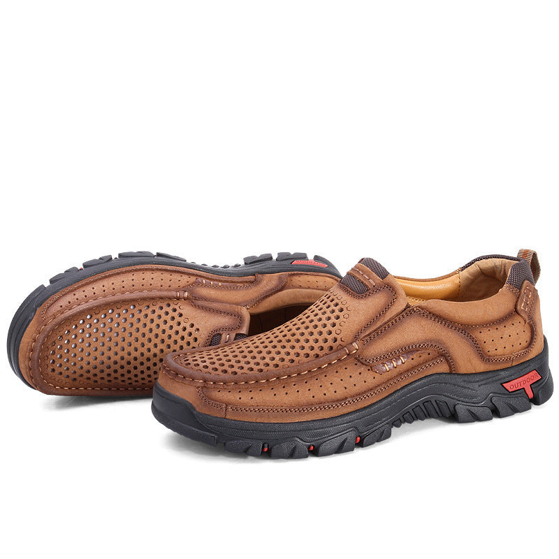 Pair of brown shoes with black soles on a white background