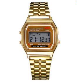 Gold electronic wristwatch with metal link bracelet and rectangular digital display