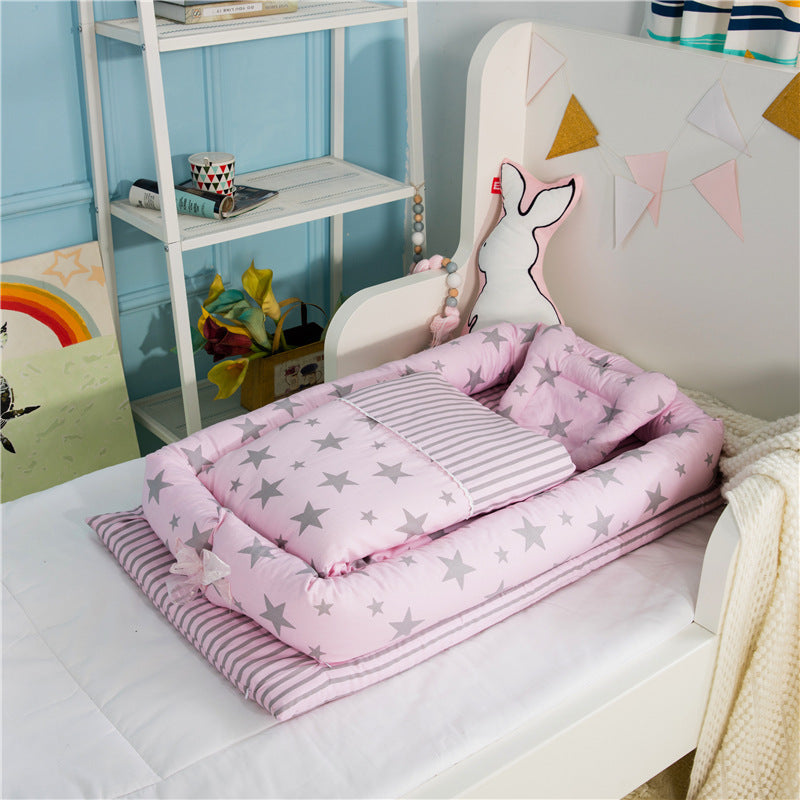 Portable baby nest with pink star and stripe mattress and matching pillow set