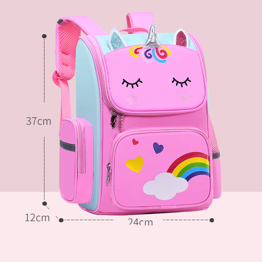 Pink kids unicorn backpack with rainbow cloud, front zipper pocket, side handle straps