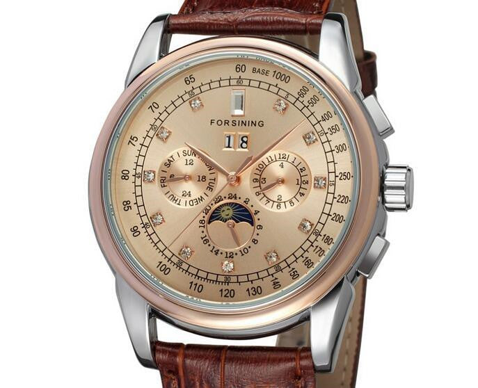 Luxury automatic watch with rose-gold champagne dial, three subdials, brown leather strap