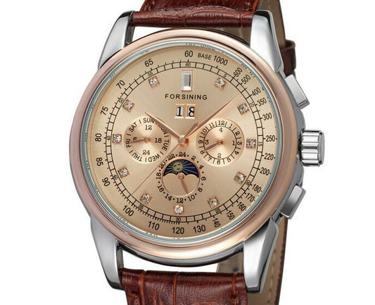 Luxury watch with a detailed face and brown leather strap on a white background