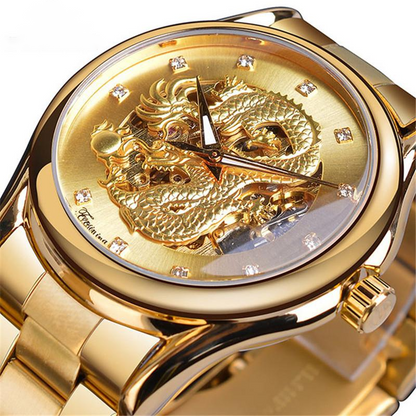 Gold watch with dragon design on the dial