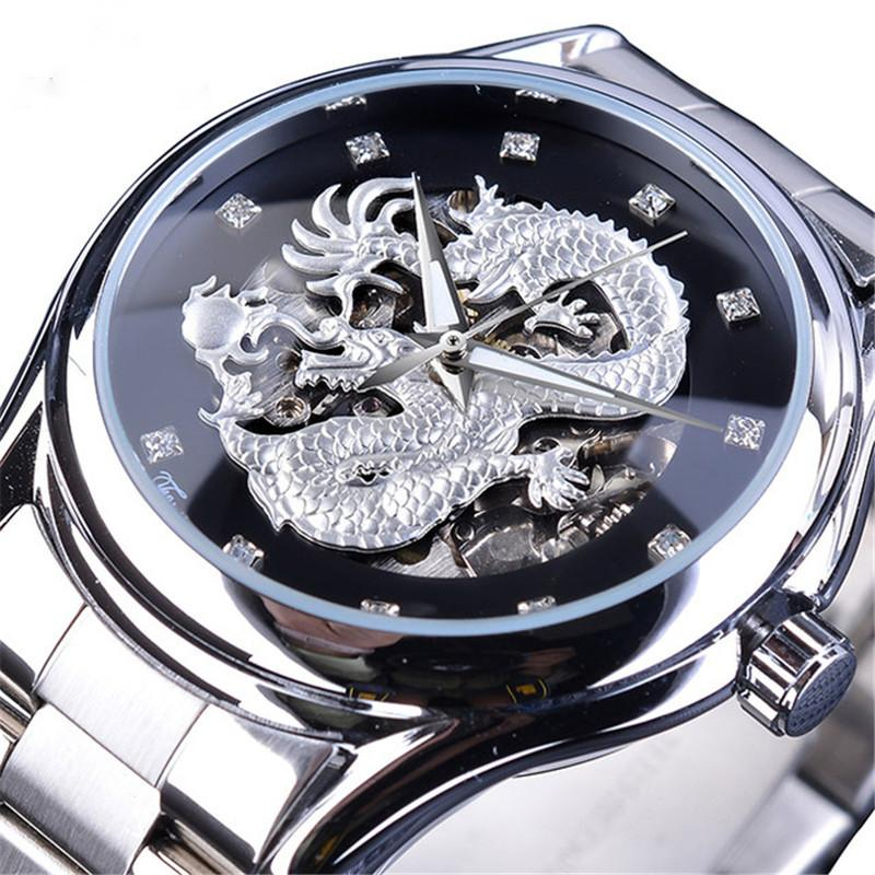 Silver watch with dragon design on a black face