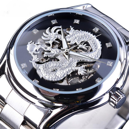 Silver watch with dragon design on a black face