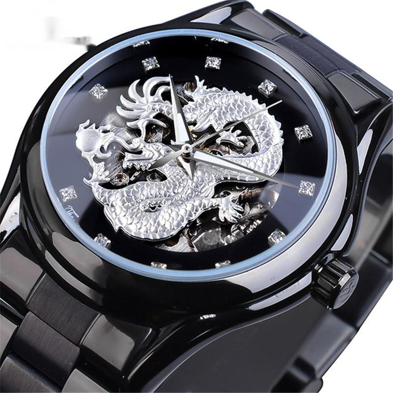 Luxury watch with dragon design and black strap