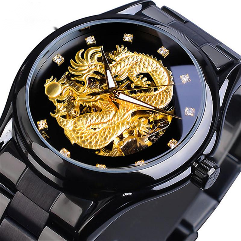Luxury watch with gold dragon design on a black background