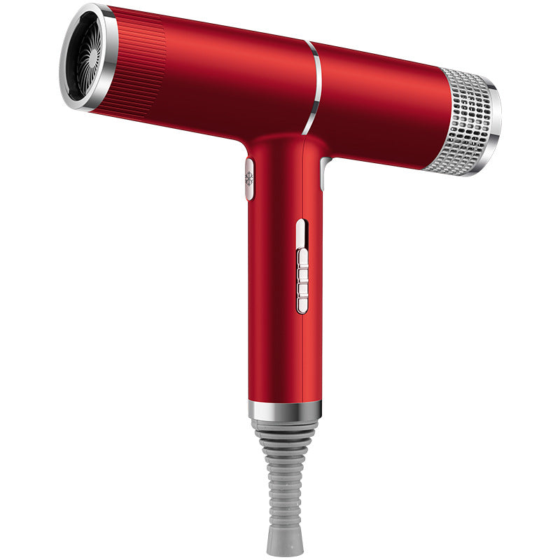 Red household hair dryer with concentrator nozzle and coiled power cord