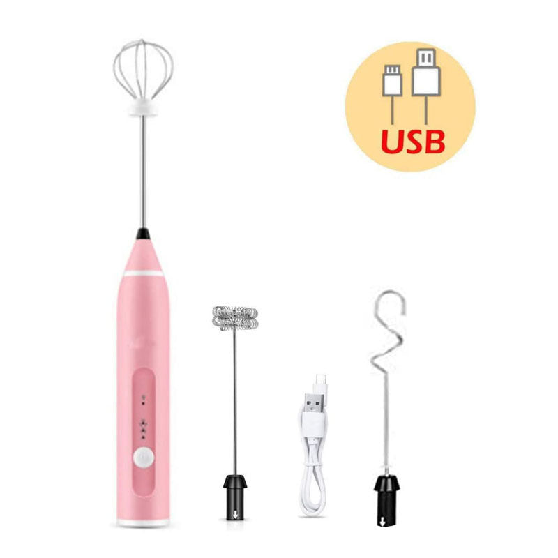 Rechargeable electric milk frother, pink handheld with whisk heads and USB cable