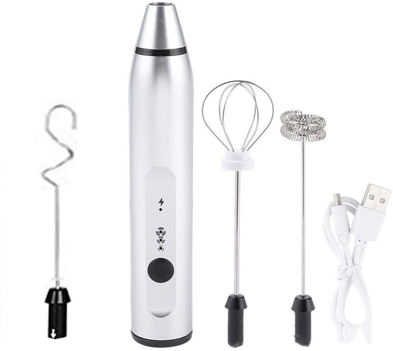 Rechargeable electric milk frother set, silver handheld with whisk attachments and USB cable