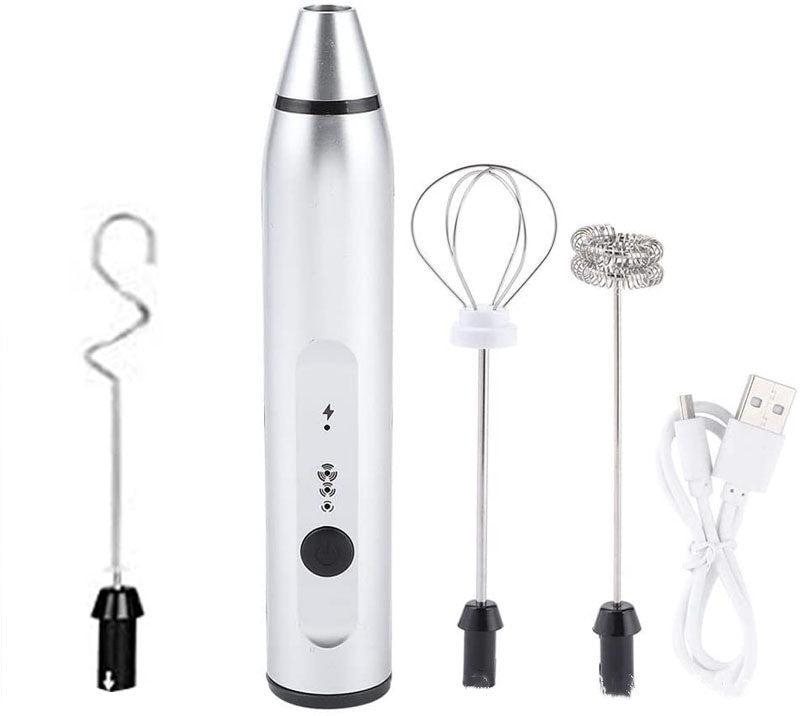 Rechargeable electric milk frother, silver base with whisk, beaters, and USB cable