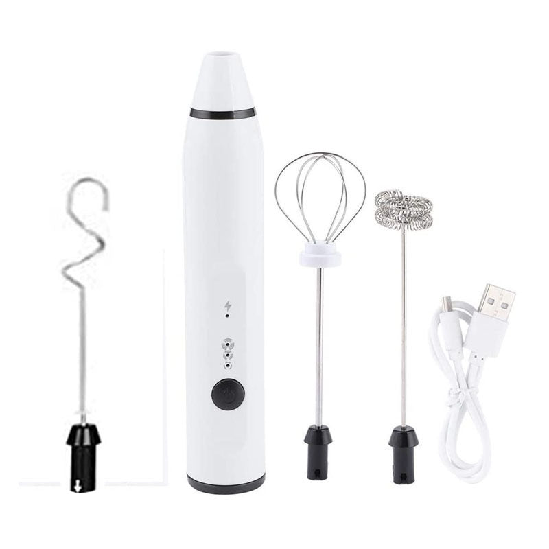 Rechargeable electric milk frother set, white handheld with whisk attachments and USB cable