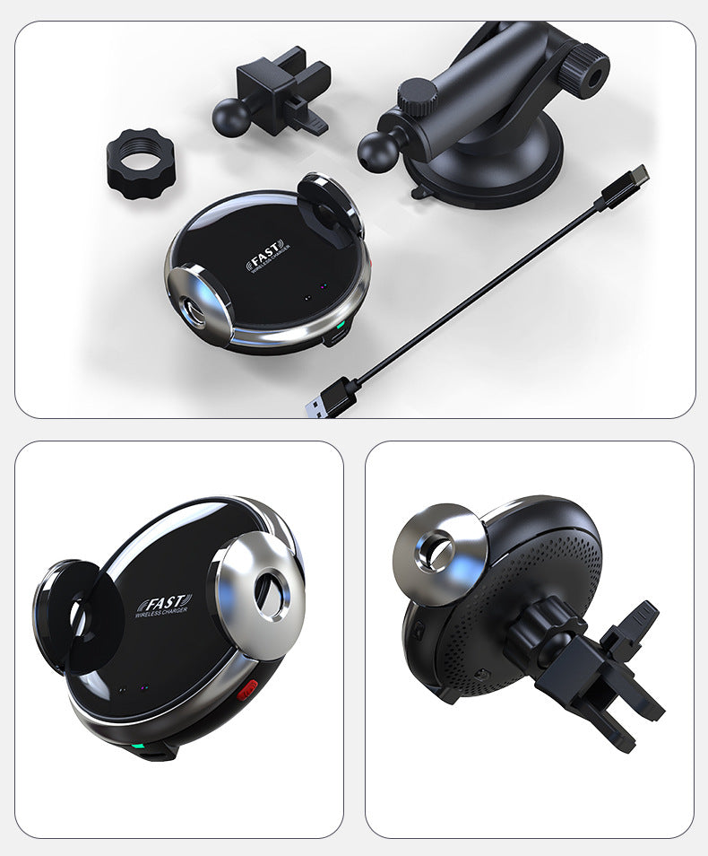 Black wireless charger base with mounting arm, vent clip, and ring accessory