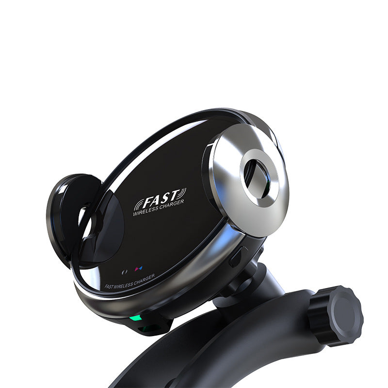 Black FAST wireless charger disc with chrome ring and magnetic car mount