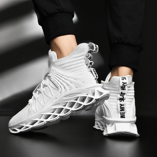 White high-top sneakers with text on a dark background