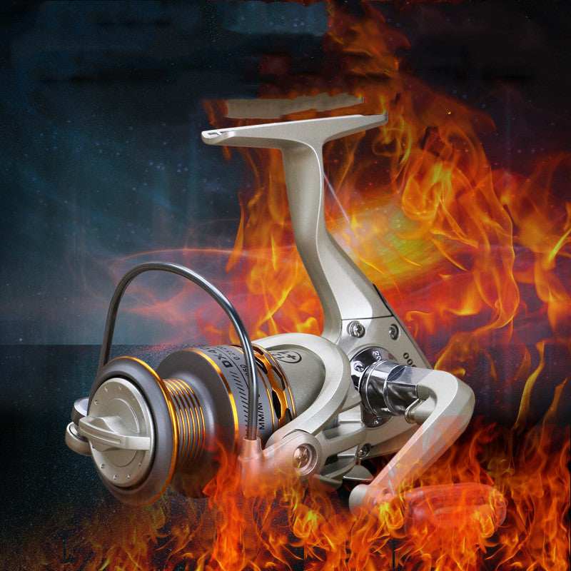 Spinning fishing reel with silver frame and orange spool, metal crank and handle