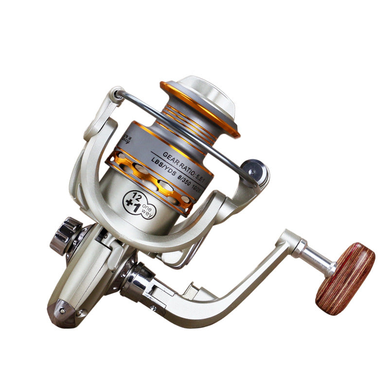 Spinning fishing reel close view of gear housing, silver body with wooden handle