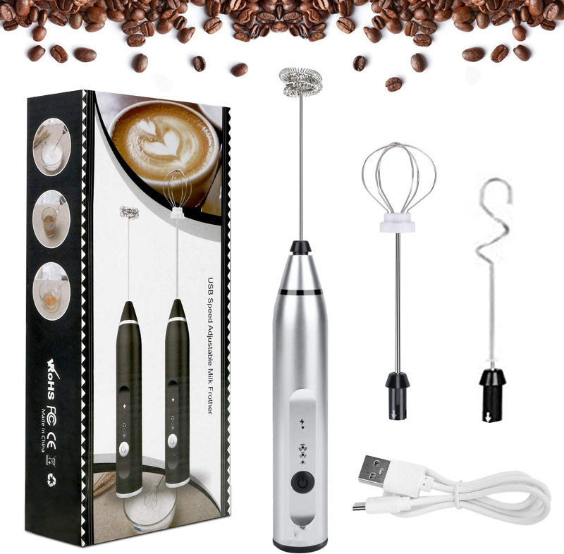 Rechargeable electric milk frother, silver body with whisk and USB accessories set