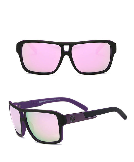 Polarized sports sunglasses with pink mirrored lenses and black frame, purple accents