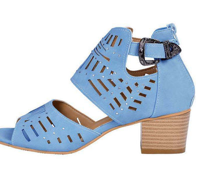 Blue sandal with cut-out design and wooden block heel on a white background