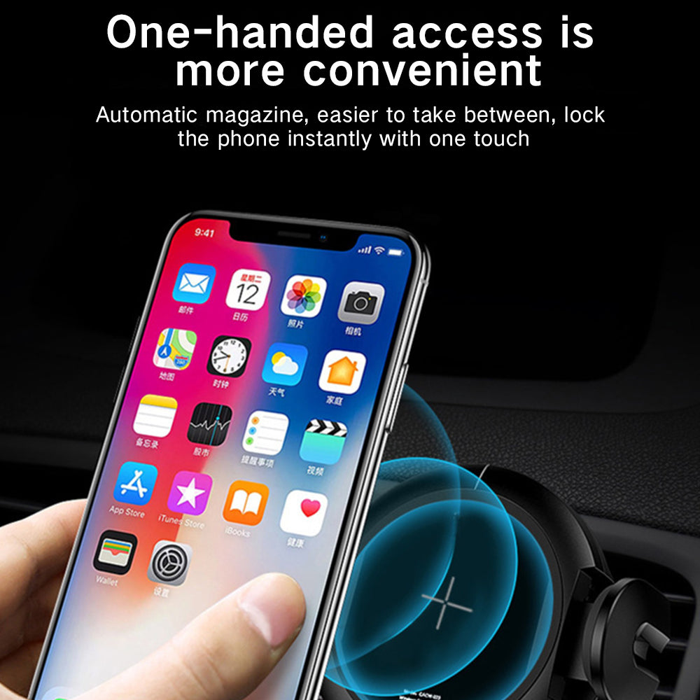 Black wireless charging magnetic car phone mount with phone in charging cradle