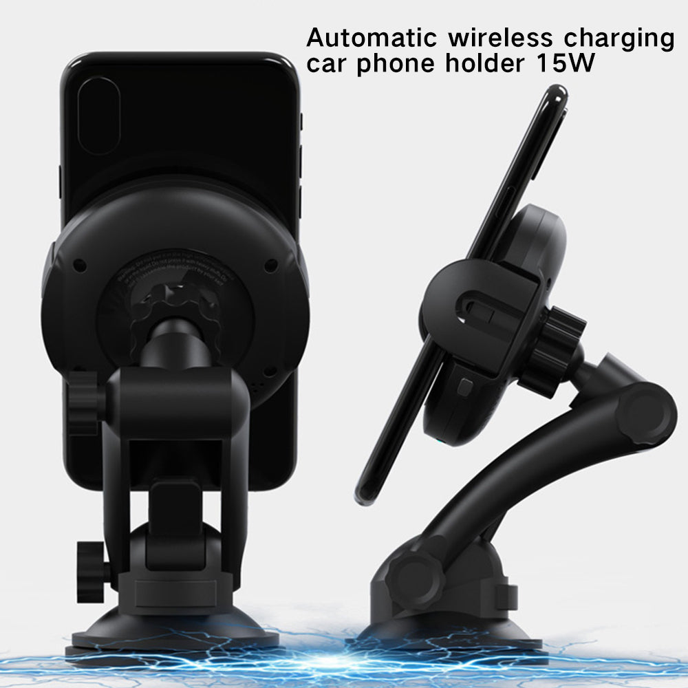Black wireless charging phone car mount with magnetic holder and vent-style base
