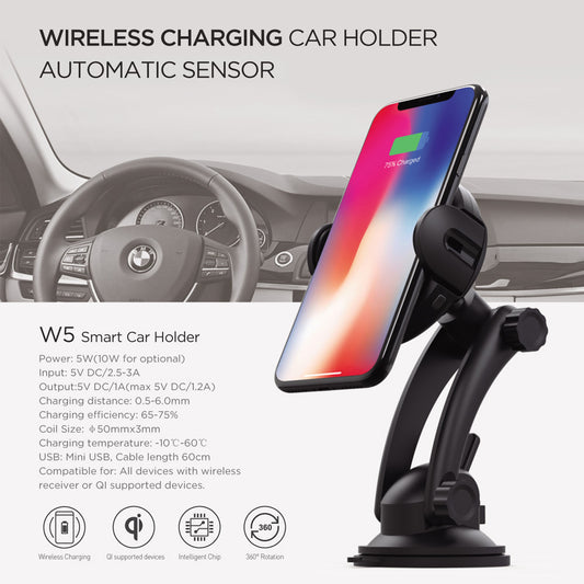 Black wireless charging magnetic car phone mount with clamp and charging cradle