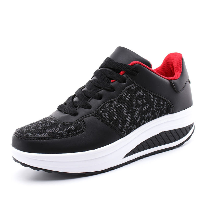Women's black woven sport shoes, lace-up with red accent and white cushioned sole