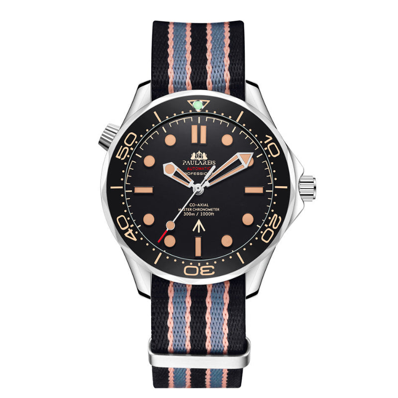 Watch with black dial and striped strap on a white background
