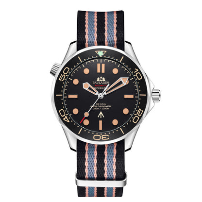 Watch with black dial and striped strap on a white background