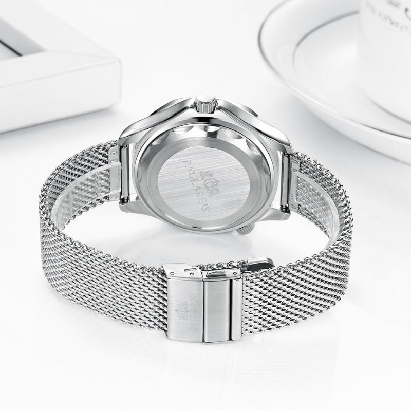 Silver watch with mesh band on a white background