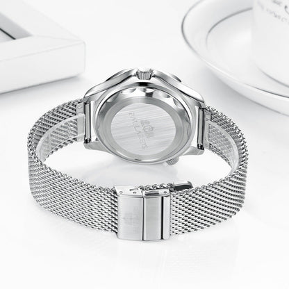 Silver watch with mesh band on a white background