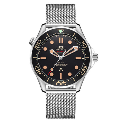 Watch with black dial and silver mesh band on a white background