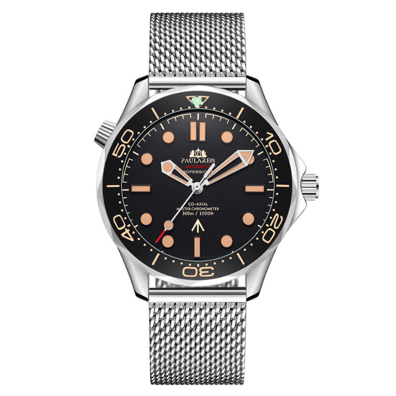 Watch with black dial and silver mesh band on a white background