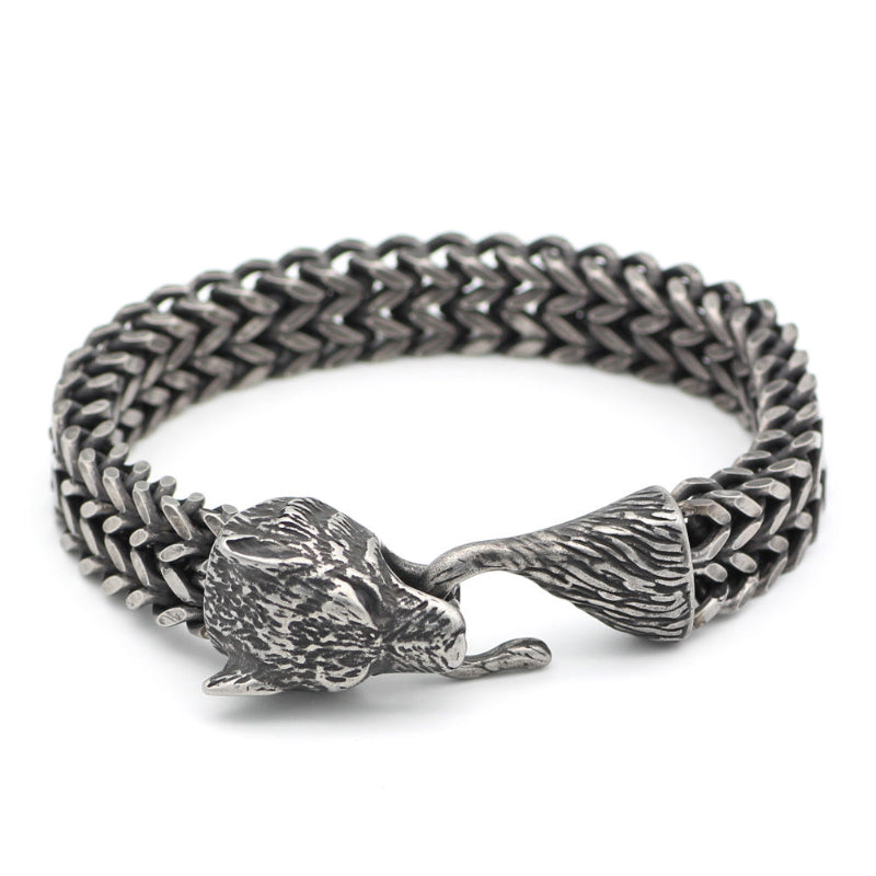 Vintage braided bracelet with black chain and silver animal-head connectors