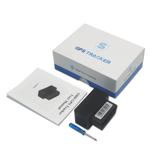 GPS tracker with packaging, user manual, and screwdriver on a white background