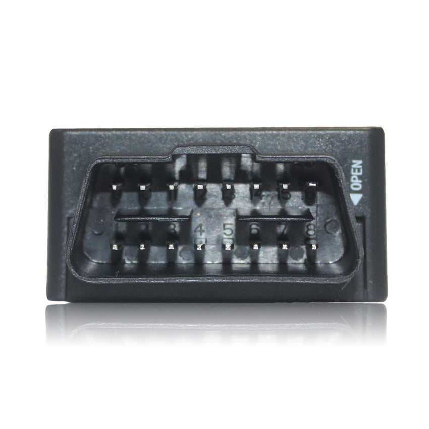Black OBD-II diagnostic connector on a white background